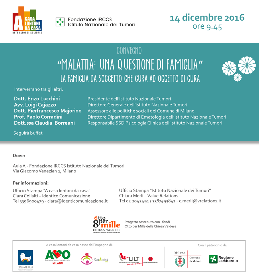 "Malattia: una questione di famiglia" - 14 dicembre Convegno all'Istituto dei Tumori